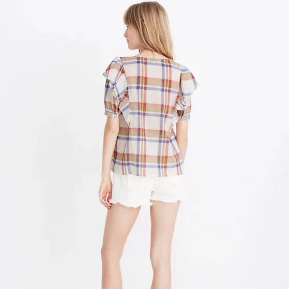 Madewell Women's Short Sleeve V-Neck Shoulder-Ruffle Top in Plaid